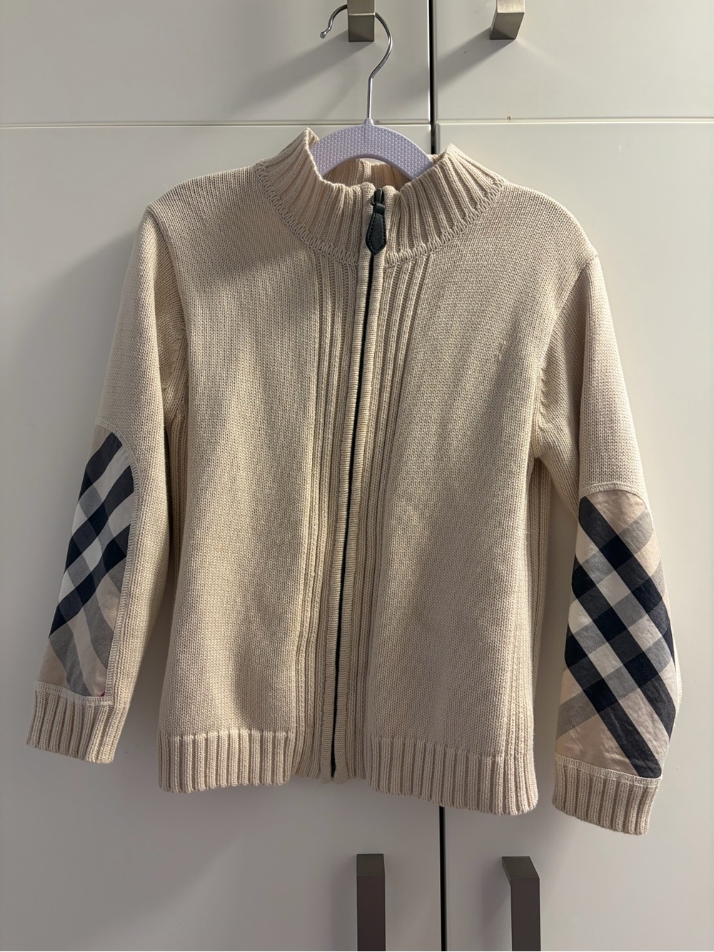 Burberry Cream Zip Knit Jacket with Signature Plaid Elbow Panels